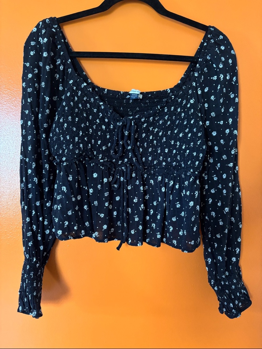 American Eagle Outfitters Black Floral Smocked Tie-Front Blouse